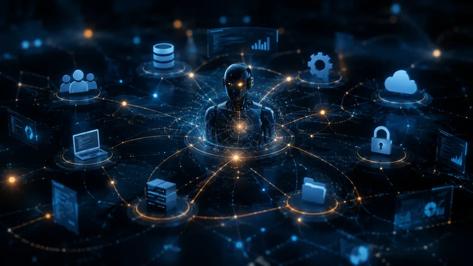 Illustration of a robot figure at the center of a glowing network, linked to icons for a laptop, files, a cloud and a padlock Illustration of a robot figure at the center of a glowing network, linked to icons for a laptop, files, a cloud and a padlock