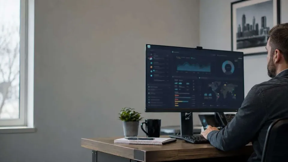 Person reviewing a security dashboard on an office monitor Person reviewing a security dashboard on an office monitor