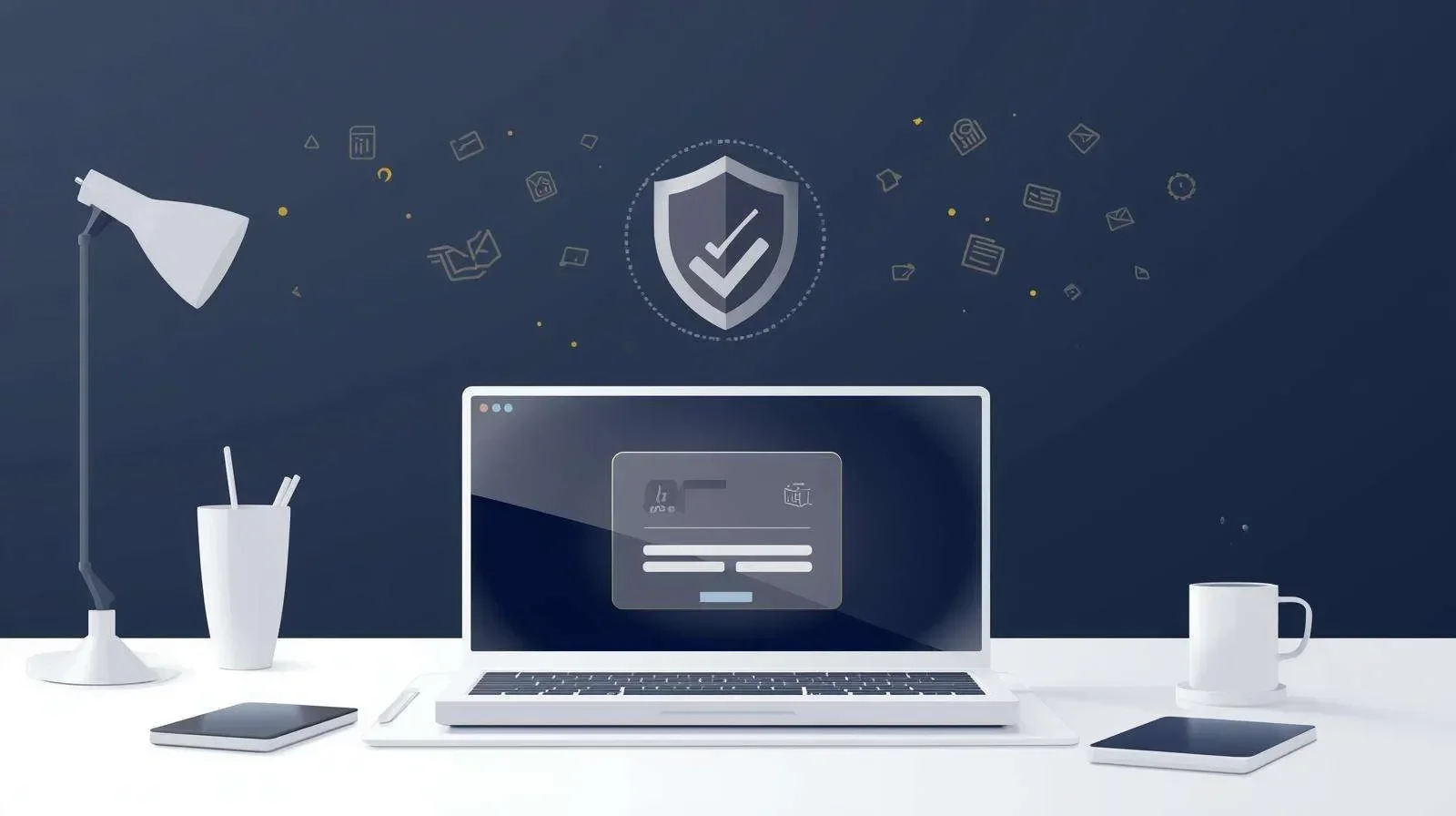 Illustration of a laptop beneath a security shield Illustration of a laptop beneath a security shield