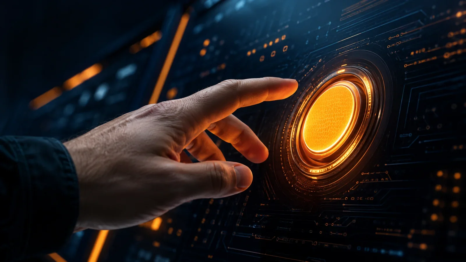 Illustration of a hand selecting a glowing control on a digital interface Illustration of a hand selecting a glowing control on a digital interface