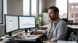 Office worker comparing information on two desktop monitors