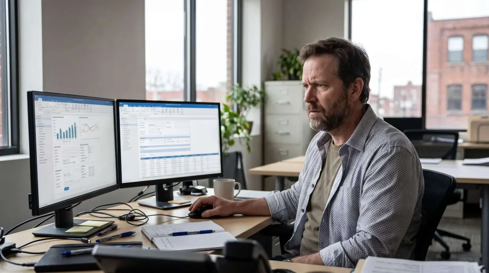 Office worker comparing information on two desktop monitors Office worker comparing information on two desktop monitors