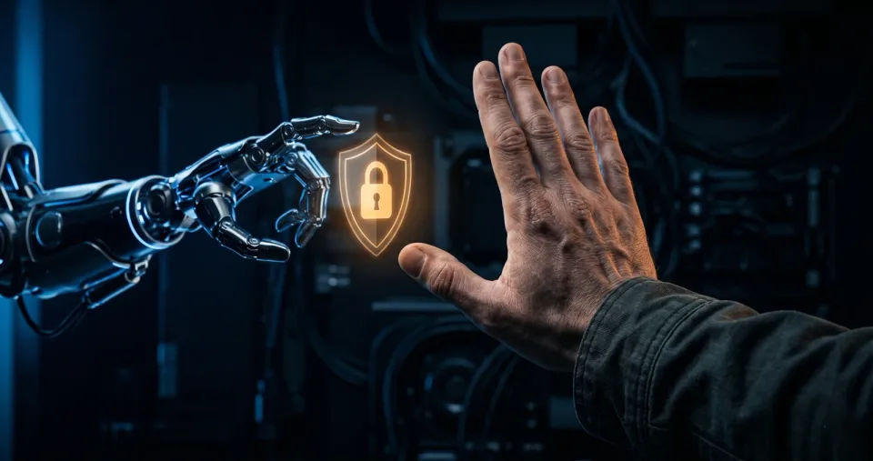 Illustration of a robotic hand, a padlock and a raised human hand Illustration of a robotic hand, a padlock and a raised human hand