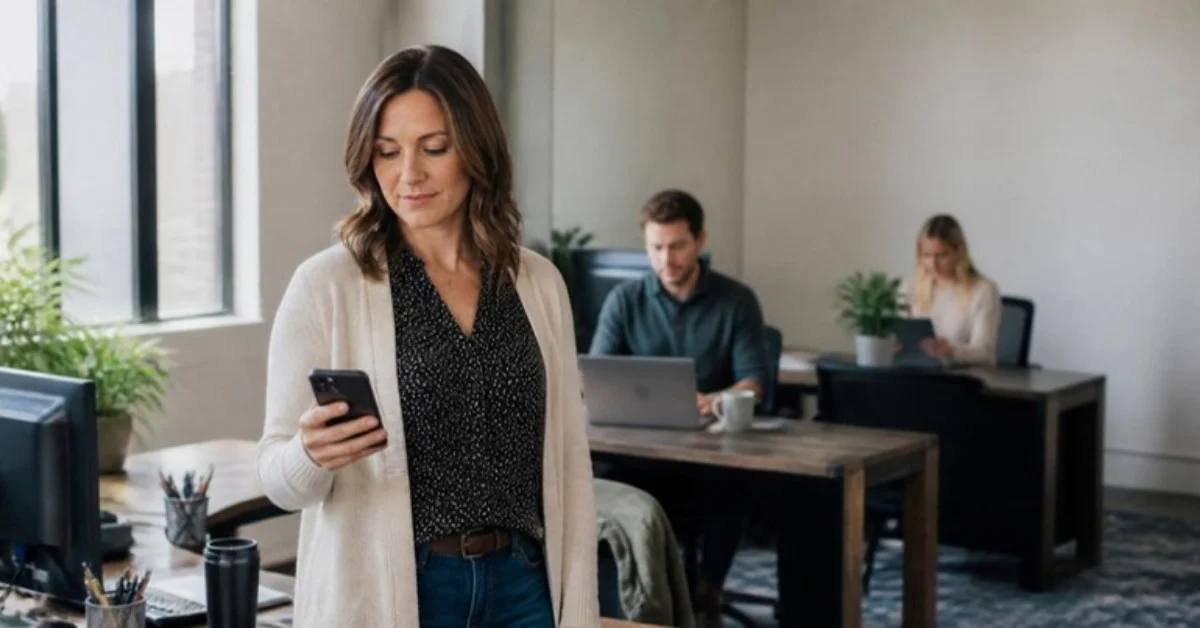 An office worker in a small Northeast Ohio office typing into an AI chat tool on a laptop while a coworker looks on An office worker in a small Northeast Ohio office typing into an AI chat tool on a laptop while a coworker looks on