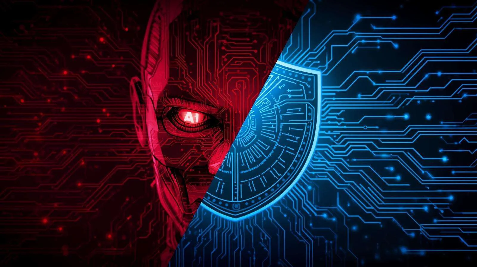 Illustration contrasting a cyber threat with a protective shield