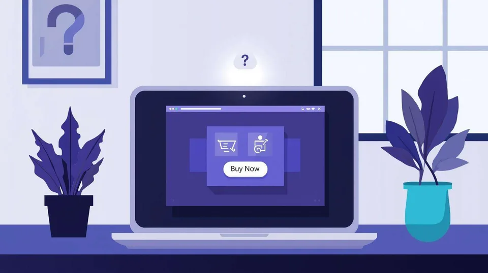 Illustration of a laptop with questions about AI purchasing Illustration of a laptop with questions about AI purchasing