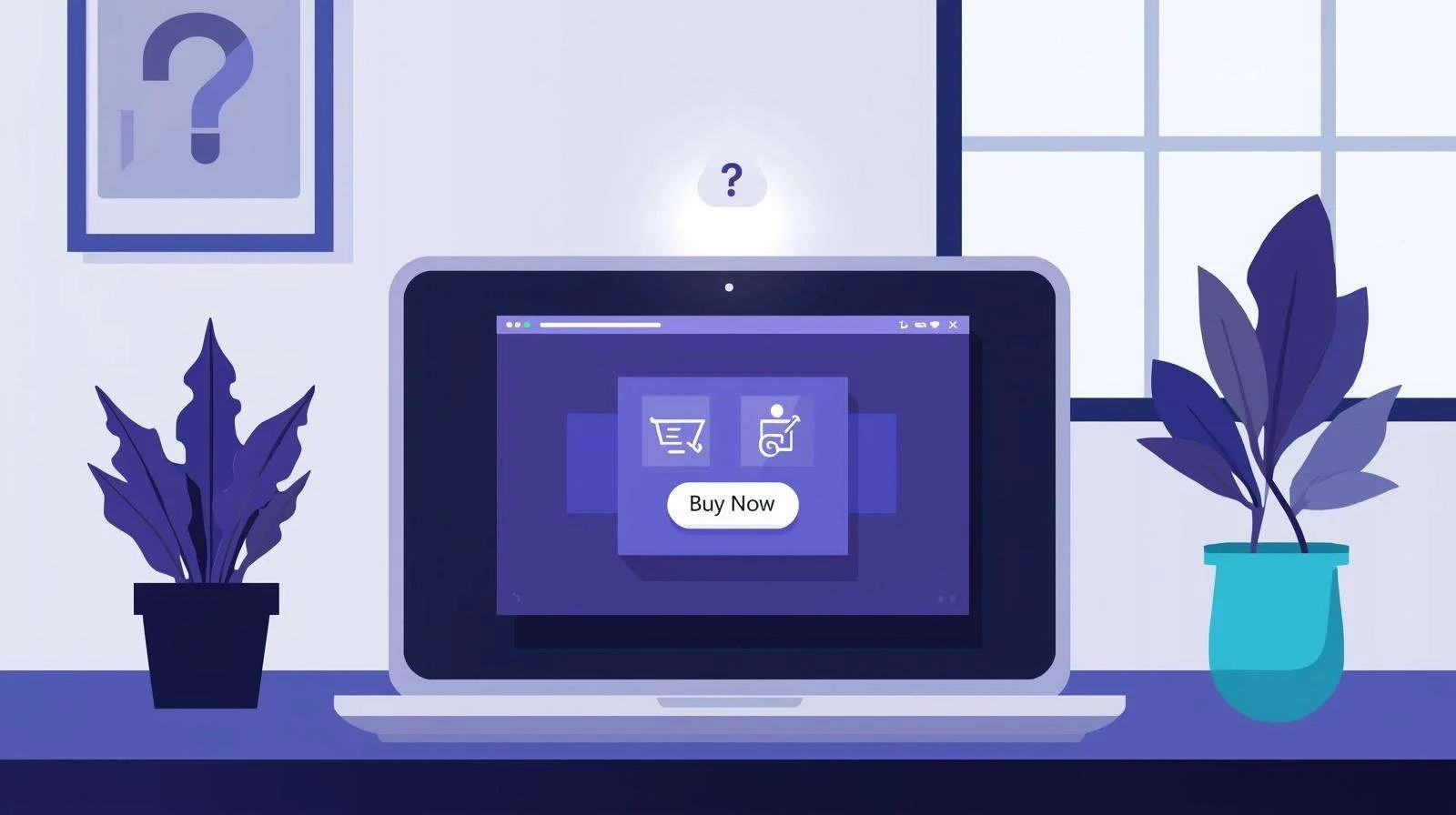 Illustration of a laptop with questions about AI purchasing