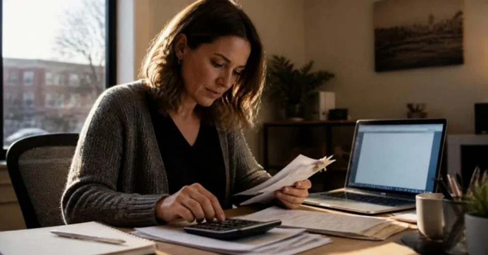 An office manager reviewing an AI-drafted document on one monitor and a list of monthly software subscriptions on another