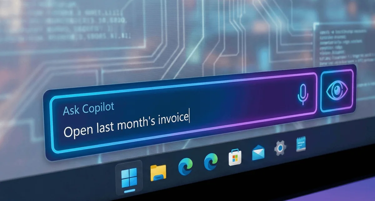 Illustration of a Copilot taskbar search beside a business document