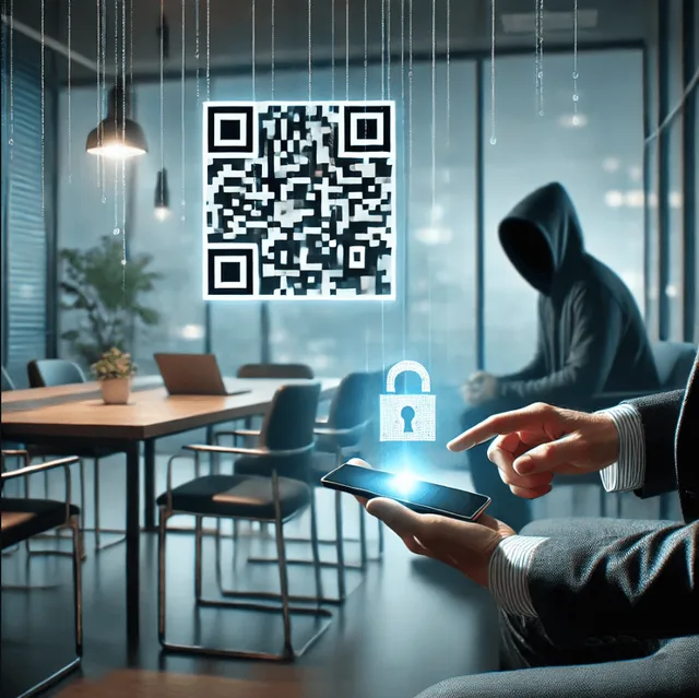 A person tapping a phone beneath a floating QR code and padlock icon, with a hooded figure seated in the background of an office A person tapping a phone beneath a floating QR code and padlock icon, with a hooded figure seated in the background of an office