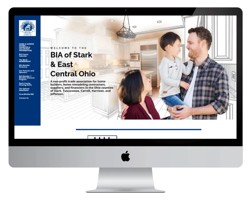 BIA of Stark and East Central Ohio homepage on a desktop monitor, with a family in a sketched kitchen beside a blue side menu BIA of Stark and East Central Ohio homepage on a desktop monitor, with a family in a sketched kitchen beside a blue side menu
