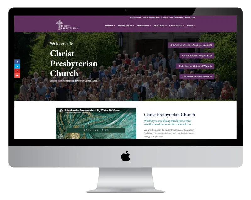 Christ Presbyterian Church homepage on a desktop monitor, with a congregation photo under a purple navigation bar Christ Presbyterian Church homepage on a desktop monitor, with a congregation photo under a purple navigation bar
