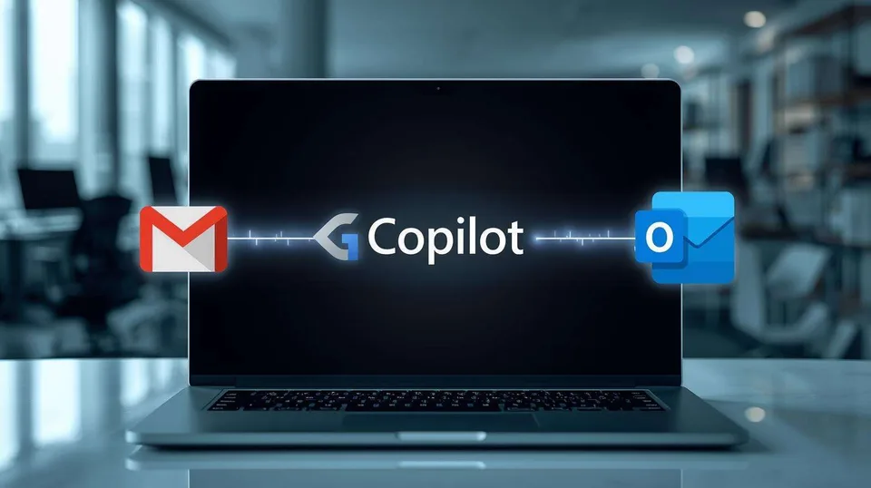 Illustration of Gmail and Outlook icons beside a laptop Illustration of Gmail and Outlook icons beside a laptop