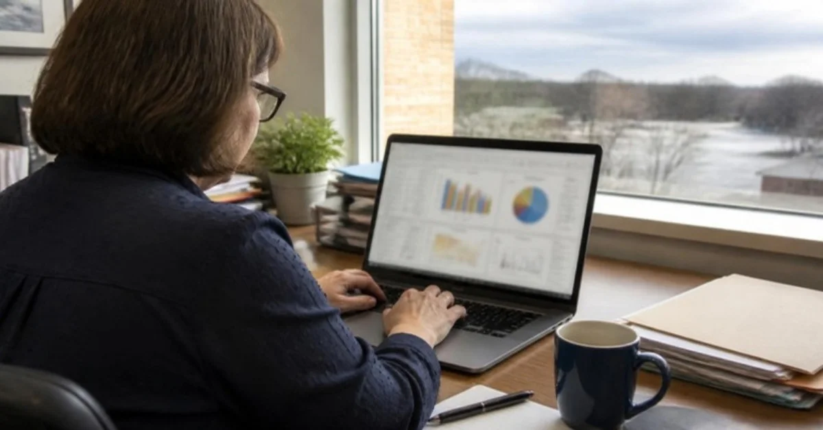 An office manager at a desk reviewing a color-coded spreadsheet on a monitor in a small Northeast Ohio office