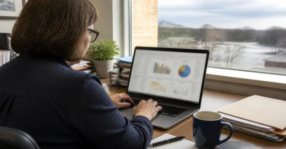 An office manager at a desk reviewing a color-coded spreadsheet on a monitor in a small Northeast Ohio office An office manager at a desk reviewing a color-coded spreadsheet on a monitor in a small Northeast Ohio office