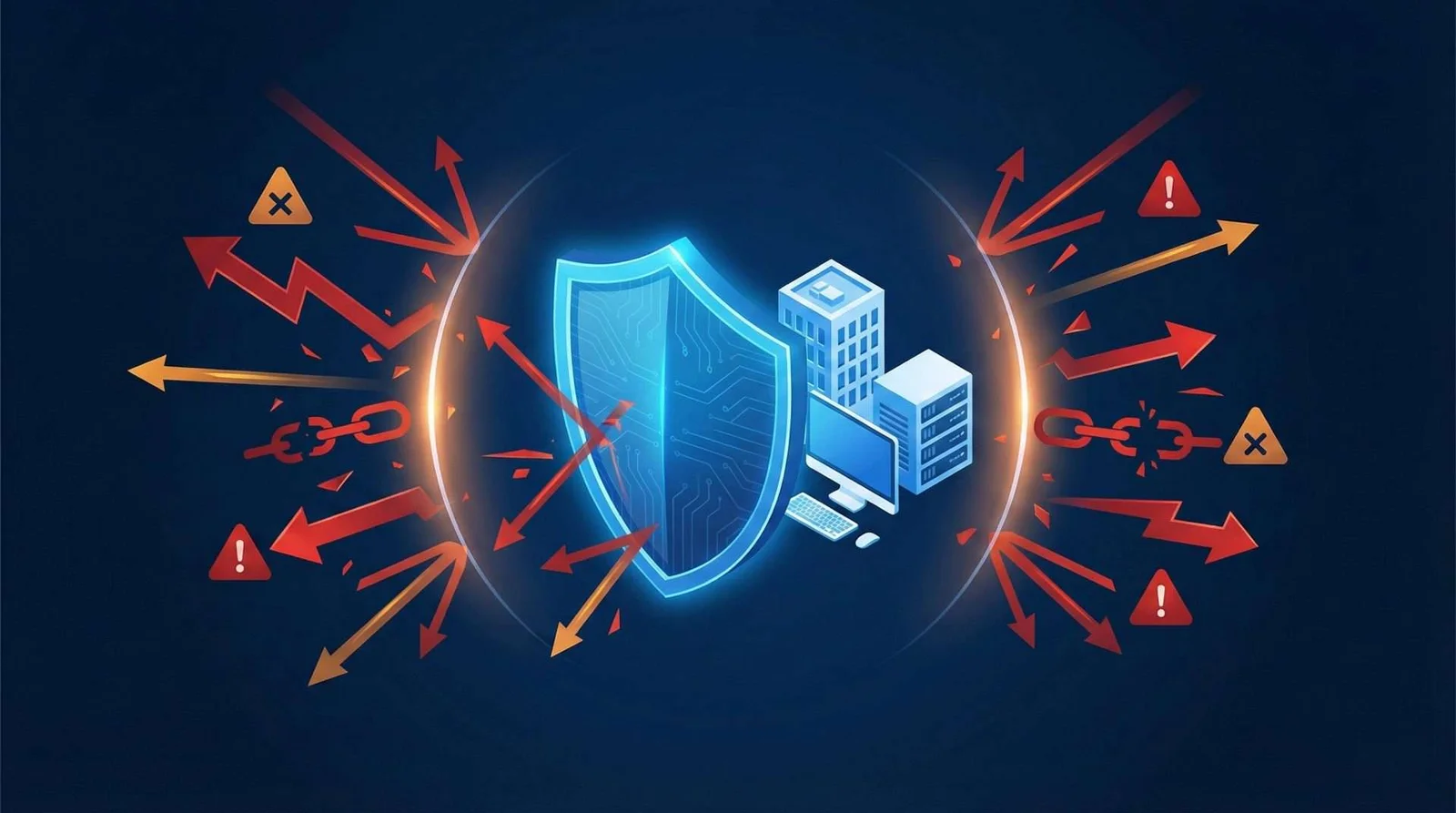 Illustration of a blue security shield blocking incoming threats Illustration of a blue security shield blocking incoming threats