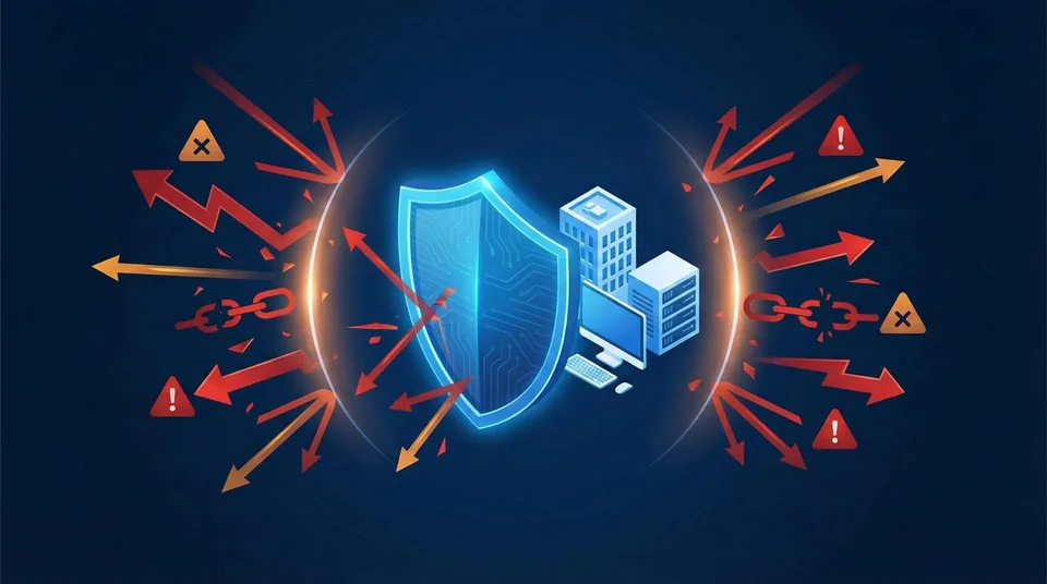 Illustration of a blue security shield blocking incoming threats Illustration of a blue security shield blocking incoming threats