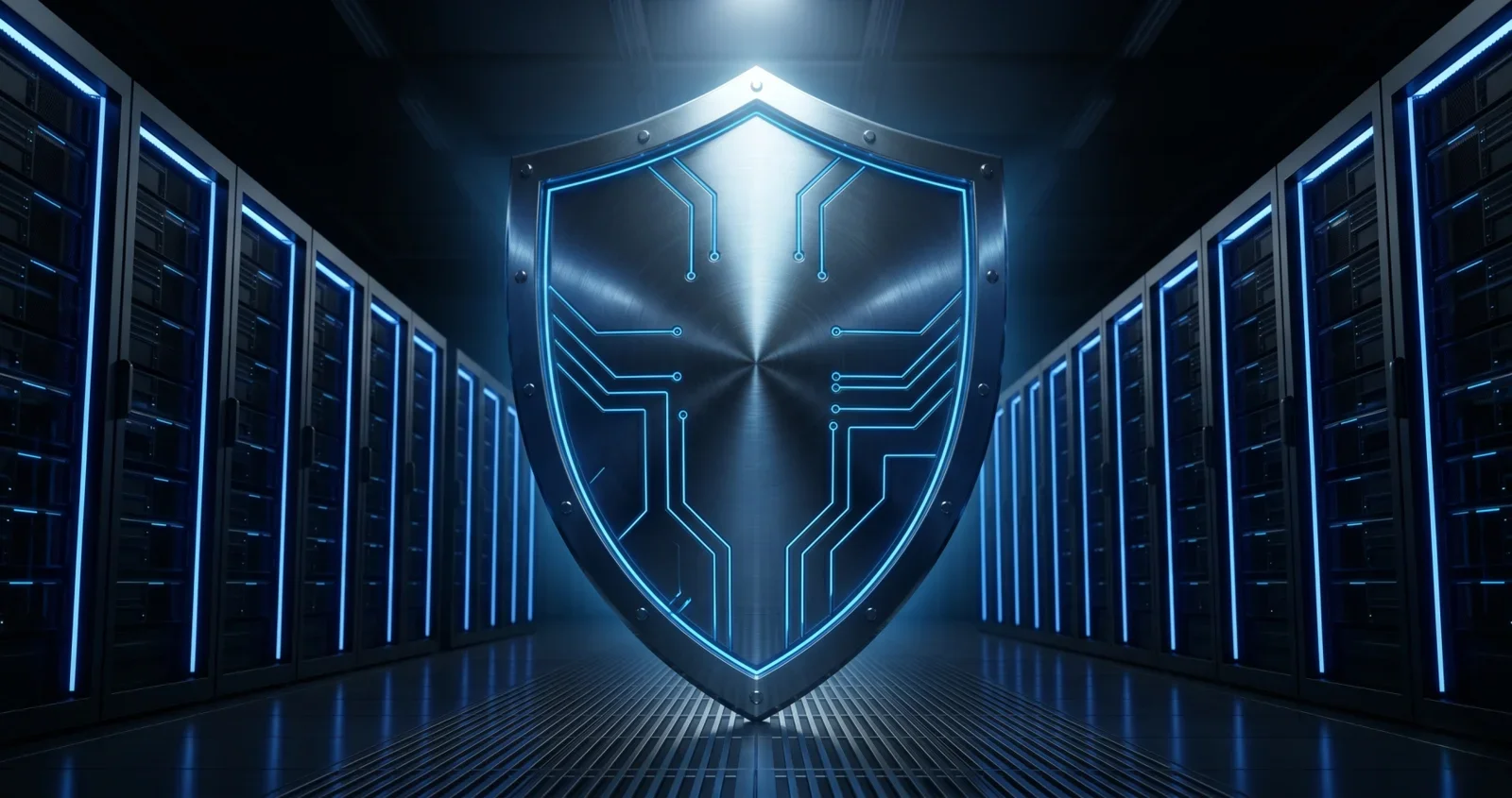 Illustration of a security shield between rows of servers