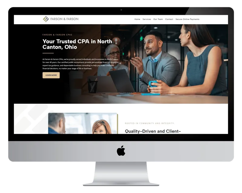 Farson and Farson CPAs homepage on a desktop monitor, with colleagues meeting around a table Farson and Farson CPAs homepage on a desktop monitor, with colleagues meeting around a table