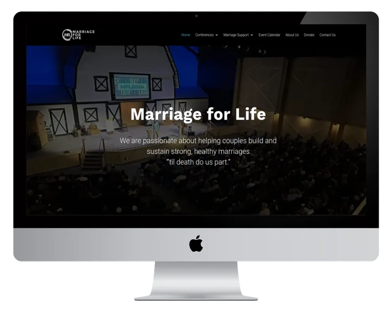 Marriage for Life homepage on a desktop monitor, with a speaker on stage in front of a large audience Marriage for Life homepage on a desktop monitor, with a speaker on stage in front of a large audience