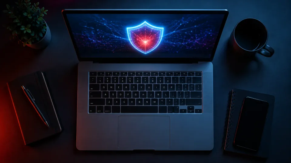 Illustration of a laptop displaying a digital security shield Illustration of a laptop displaying a digital security shield