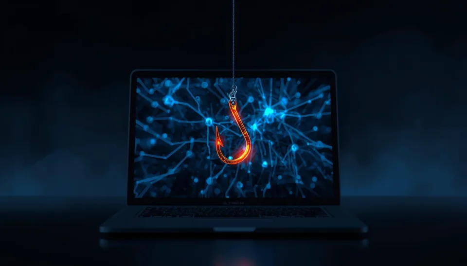 Illustration of a phishing hook over a digital network on a laptop Illustration of a phishing hook over a digital network on a laptop