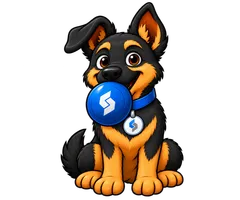Illustrated cartoon puppy mascot holding a glowing blue badge in its mouth