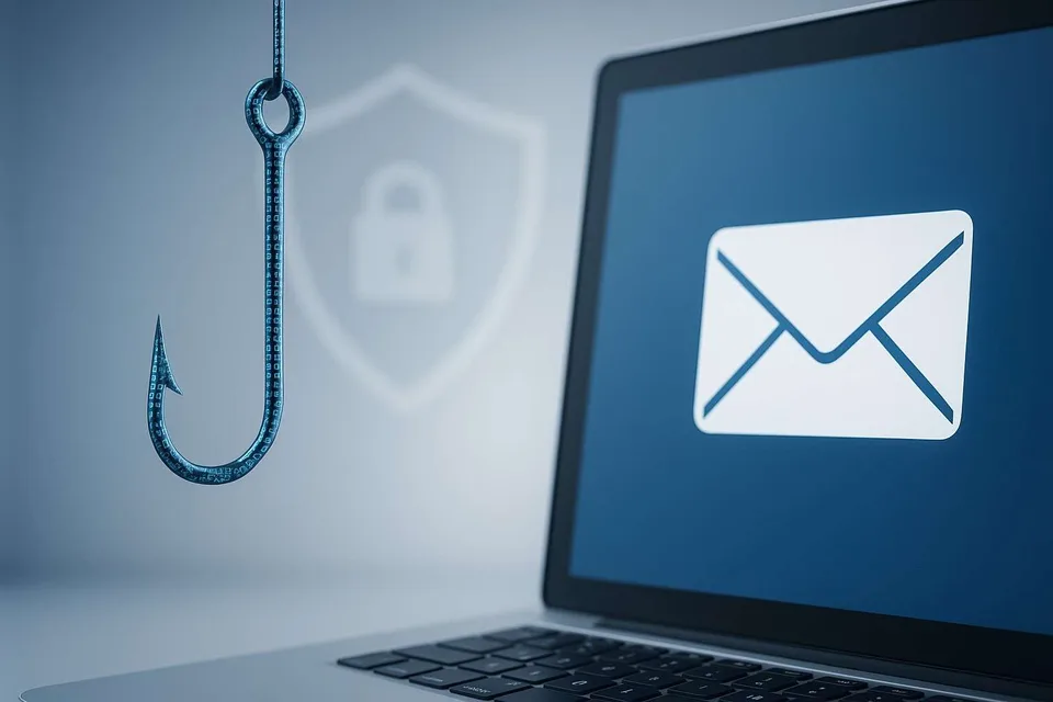 Illustration of a fishing hook beside an email symbol on a laptop Illustration of a fishing hook beside an email symbol on a laptop