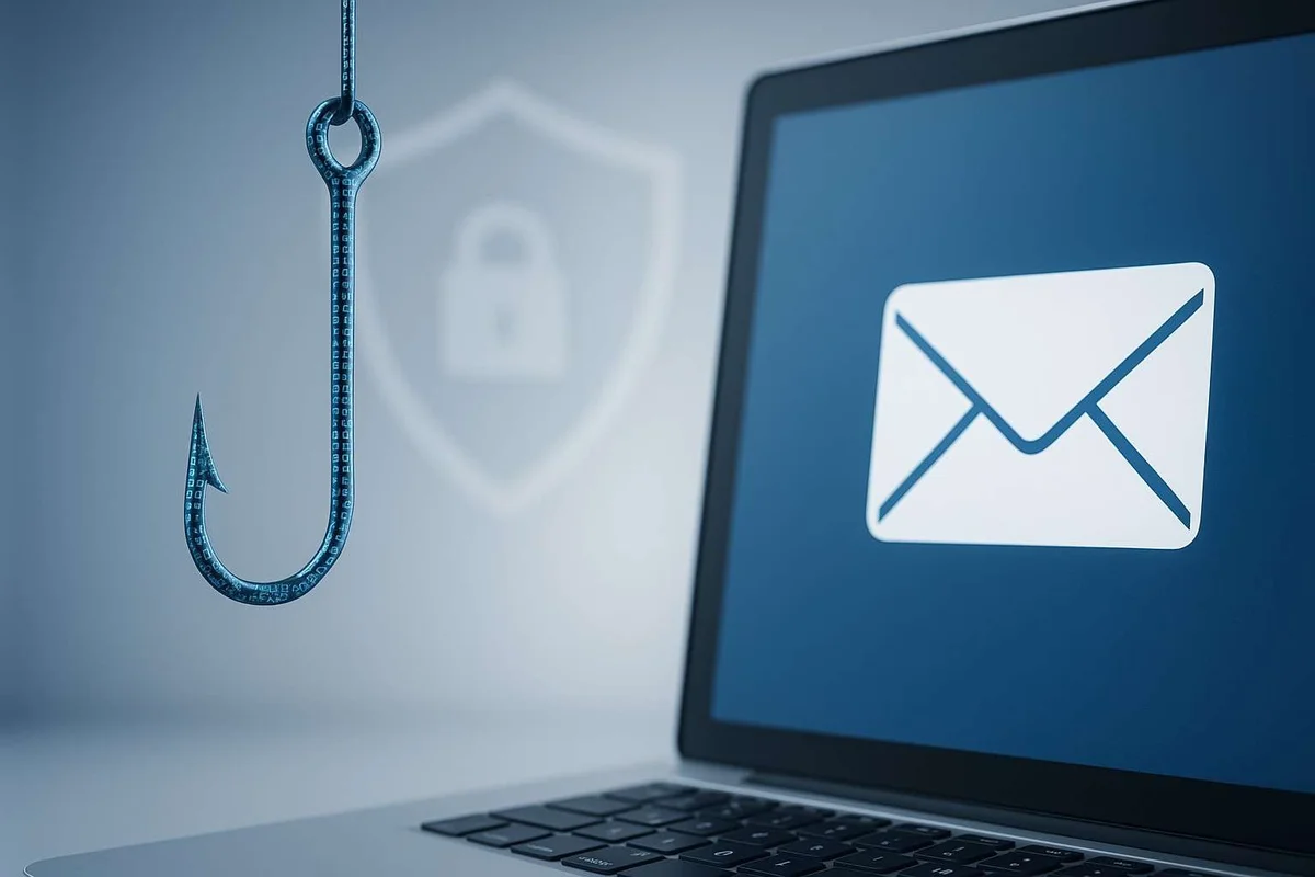 Illustration of a fishing hook beside an email symbol on a laptop