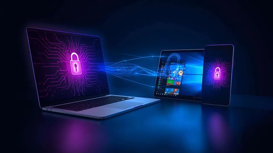 Illustration of passkeys connecting a laptop and tablet Illustration of passkeys connecting a laptop and tablet