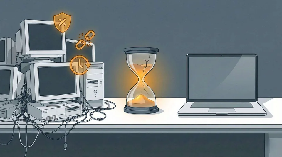 Illustration of older equipment beside a modern laptop Illustration of older equipment beside a modern laptop
