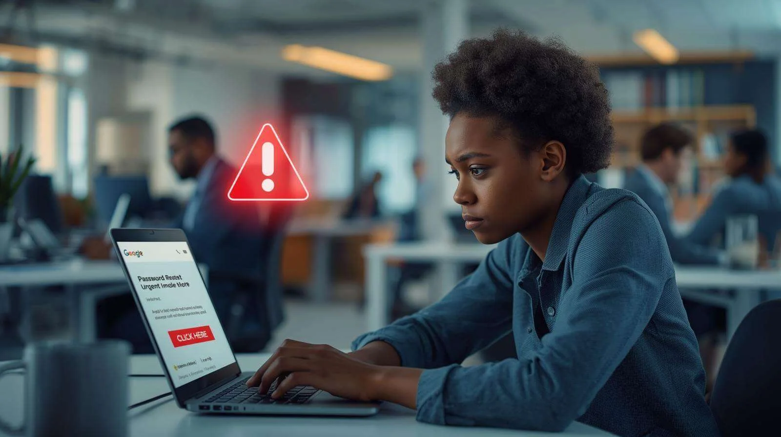 An office worker at a computer with an illustrated security warning