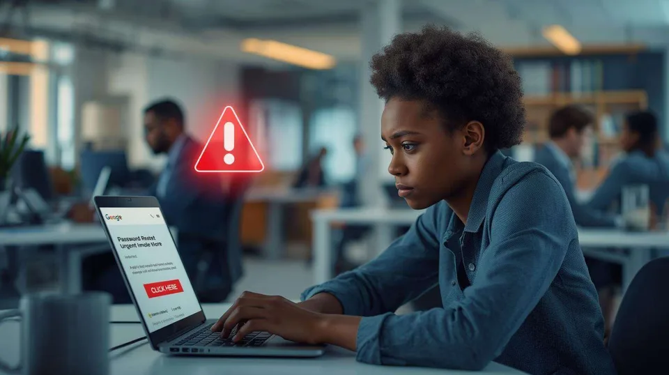 An office worker at a computer with an illustrated security warning An office worker at a computer with an illustrated security warning