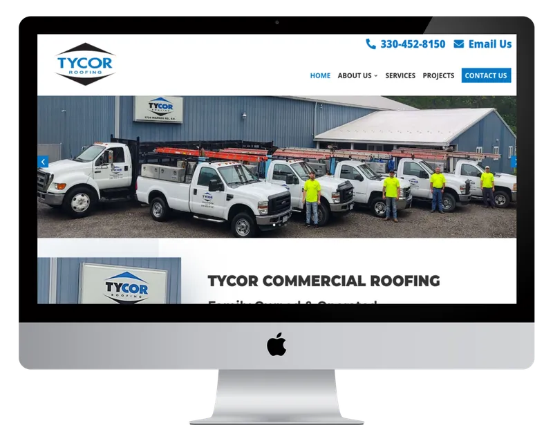 Tycor Roofing homepage on a desktop monitor, with the crew standing beside their work trucks Tycor Roofing homepage on a desktop monitor, with the crew standing beside their work trucks
