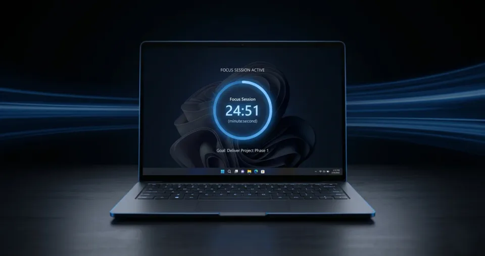 Illustration of a laptop and a circular productivity timer Illustration of a laptop and a circular productivity timer