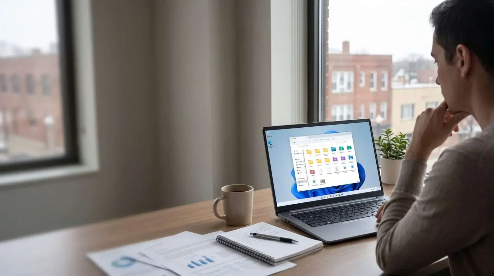 Person using a laptop at a desk beside an office window Person using a laptop at a desk beside an office window