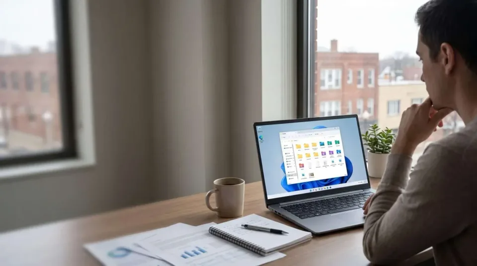 Person using a laptop at a desk beside an office window Person using a laptop at a desk beside an office window