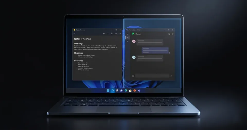 Laptop displaying Windows applications and an assistant panel Laptop displaying Windows applications and an assistant panel