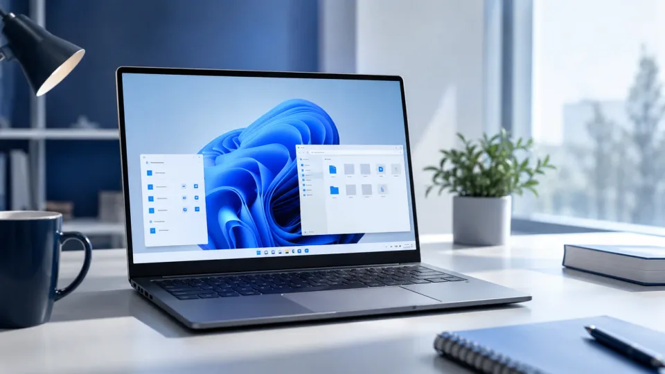 A laptop on a bright office desk showing the Windows 11 desktop with two open windows, beside a mug and a potted plant A laptop on a bright office desk showing the Windows 11 desktop with two open windows, beside a mug and a potted plant