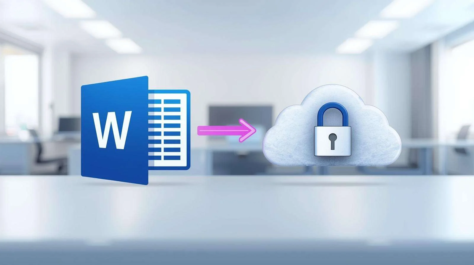 Illustration of a Word document connected to a cloud with a lock