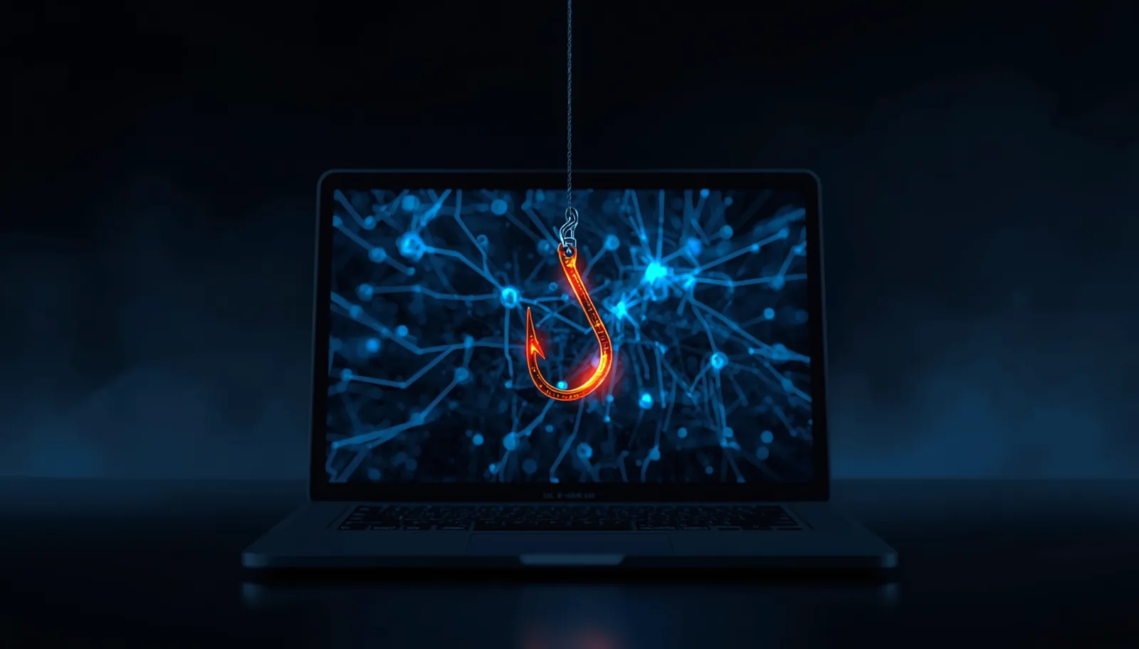 Illustration of a glowing phishing hook in front of a laptop