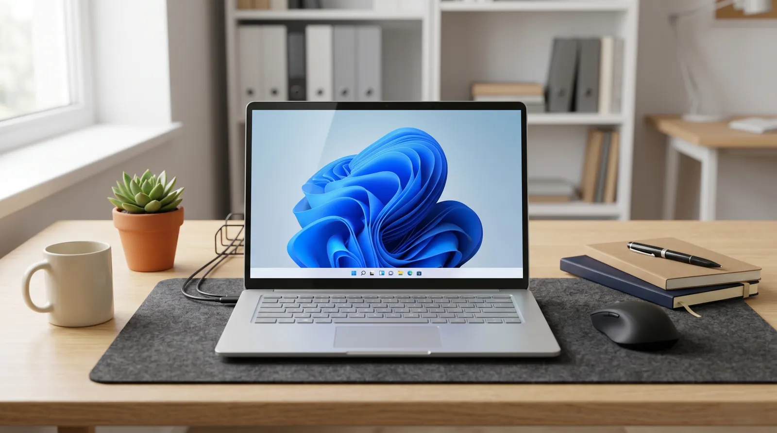Laptop displaying Windows 11 on an office desk