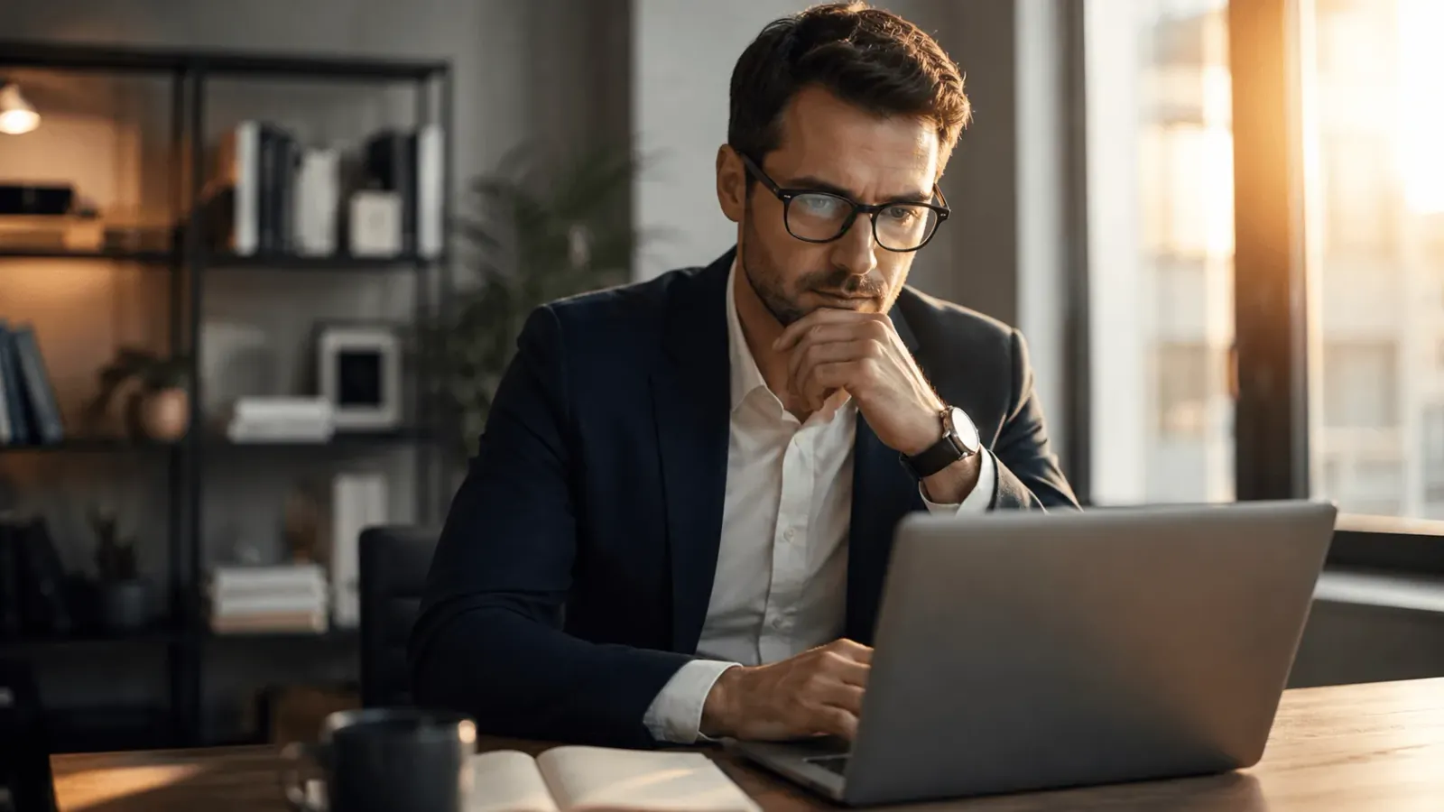 Business professional reviewing a document on a laptop at an office desk